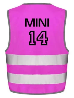 Huomioliivi lapsen omalla nimellä ja numerolla, pinkki