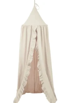 Vuodekatos jossa etuosassa röyhelö, beige